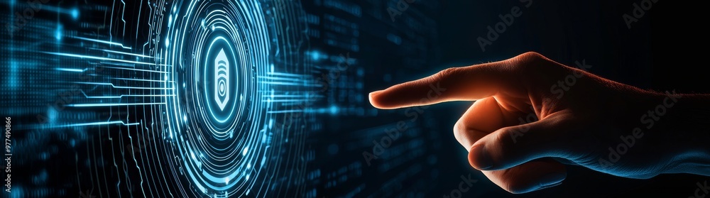 Aufkleber Biometric identification and cyber security protect business transactions from cyber attack online. Businessman unlocking and accessing business data network with fingerprint scanner.