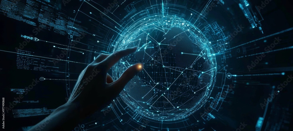 Poster In front of a sunset background, a hand touches a circle with data exchanges and global network connections, Science, Innovation, Communication and Technology concept.
