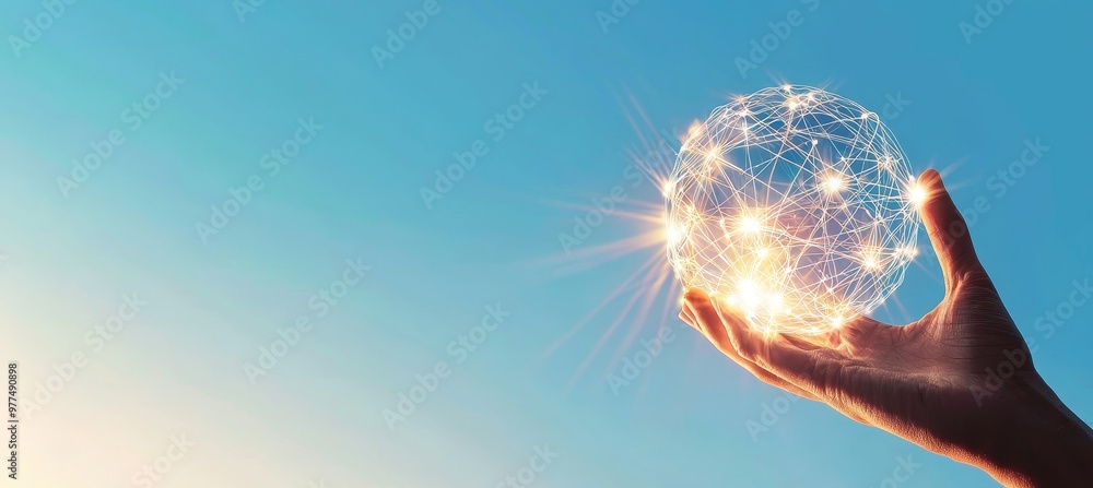 Fototapete The hand of a businessman touching the circle of global network connections and data exchanges on a sunset background, Business networking with clients, Science, Innovation, Communication and