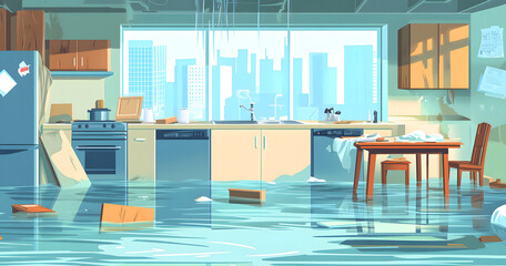 Illustration of a Flooded Kitchen with Water Damage and Floating Debris