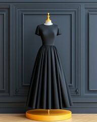 Elegant black dress displayed on a mannequin against a stylish wall, perfect for fashion and design showcases.