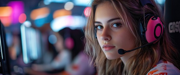 Female Gamer Wearing Pink Headset Focused on Computer Screen