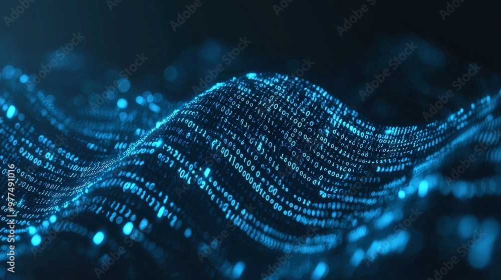 Poster A futuristic digital cyberspace, with flowing data matrices and abstract lighting. A digital data matrix and abstract background in 3D, with high-speed 5G connection data analysis.