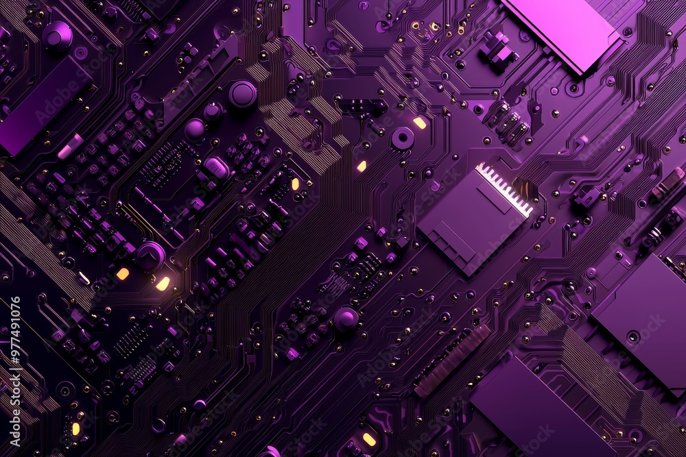 Poster illustration of a realistic robot or purple cyber armor. close-up of equipment for mining crypto-bit