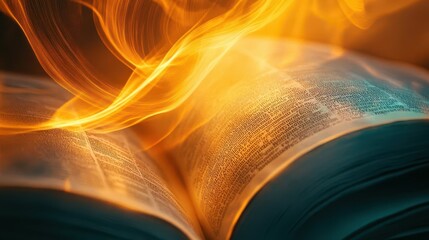 Abstract art of Bible pages turning in the wind, glowing light representing the breath of God