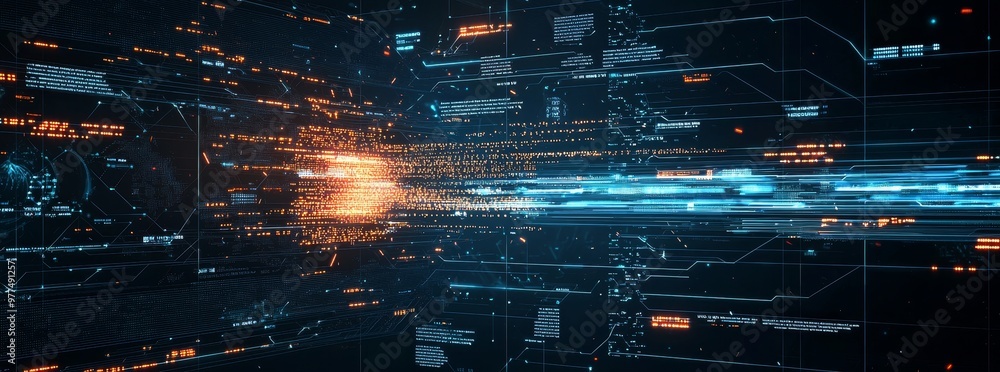 Poster Background with copy space. Abstract data center, server, internet, speed. Futuristic HUD tunnel. Screens for tech titles and background. 3D rendering.