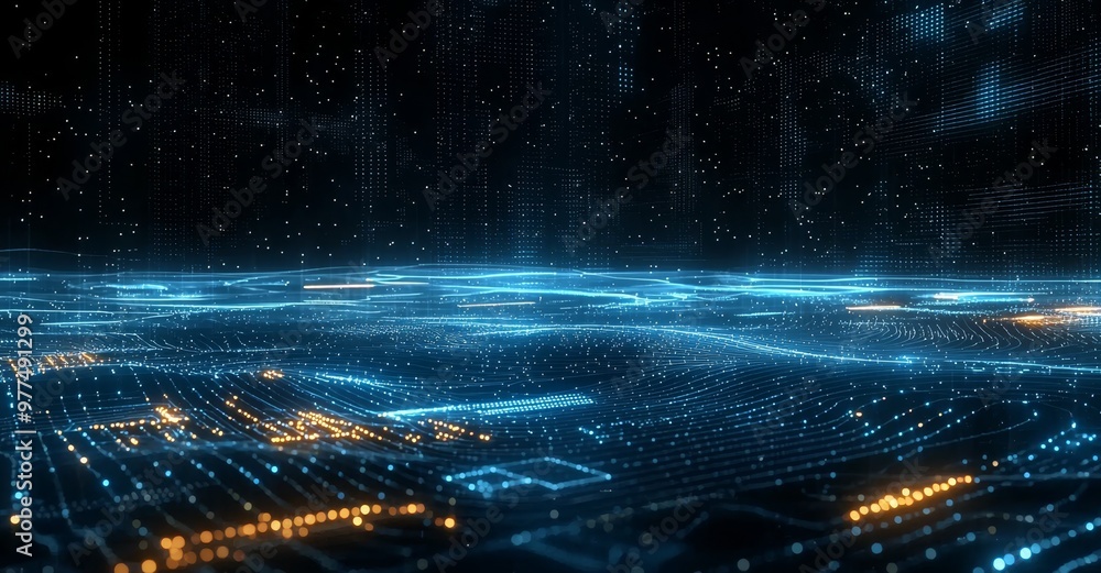 Poster an illustration of a technology planet filled with data dots.