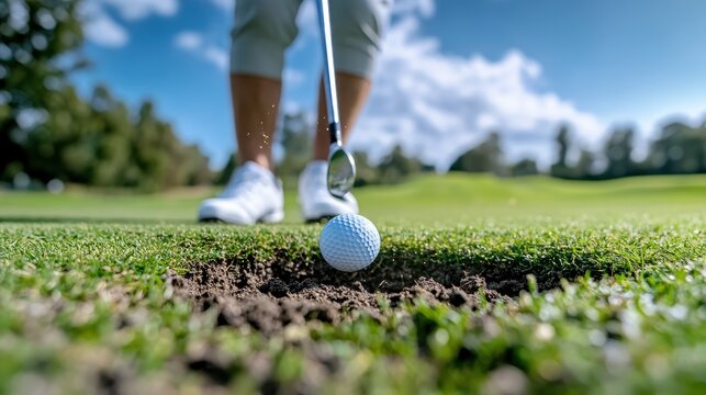 A golfer is focused on putting on the green under sunny skies, with a close-up of the golf ball near the hole. The player's stance and attention are highlighted as part of the game.