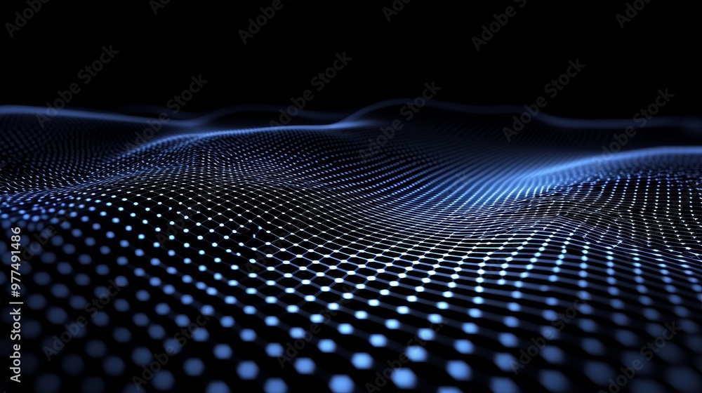 Leinwandbilder A wave of dynamic particles on a black background. Digital landscape. 3D rendering. Futuristic hexagon illustration. An element of an HUD.