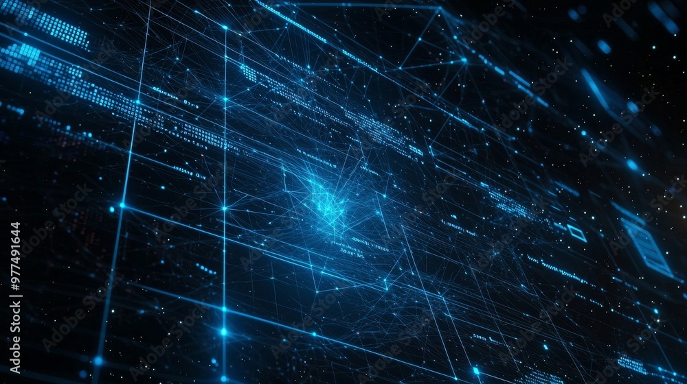 Poster polygons, dots, and lines form polygonal shapes with dark blue background, center focus, and side bl