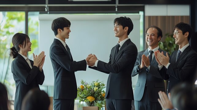 Business Colleagues Applaud a Man in a Suit
