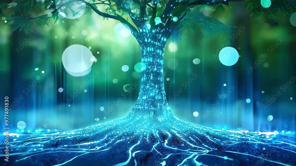 Poster a digitally rendered tree with glowing roots and a vibrant green canopy, surrounded by abstract blue