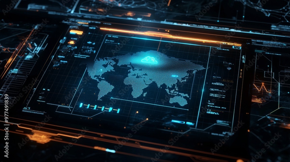 Poster Concept of cloud computing for data transfer on a dark blue abstract world map polygon with a prominent cloud icon in the center. Small icons on the abstract world map polygon with internal