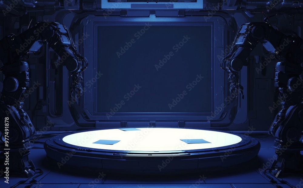 Aufkleber A rendering of a sci-fi pedestal in a scientific laboratory with robotic arms holder and ceiling light. This can be used to represent a technology product, crypto currency, computer or high tech