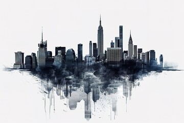 Fototapeta premium Cityscape with tall skyscrapers and office buildings. Panoramic landscape of the metropolis. Silhouettes of a modern city. Business district of the city. Vector illustration for design in flat style.