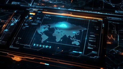 Fototapeta premium Concept of cloud computing for data transfer on a dark blue abstract world map polygon with a prominent cloud icon in the center. Small icons on the abstract world map polygon with internal