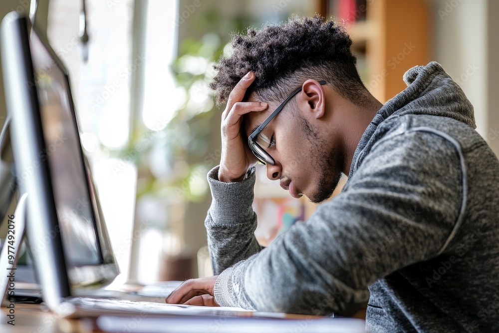 Poster business man working at a computer in an office, stressed and anxious. male under stress from a dead