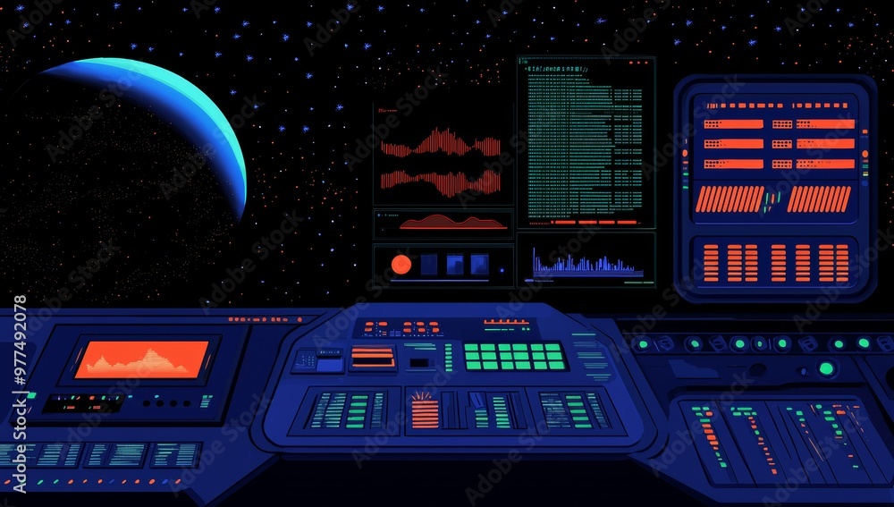 Poster A sci-fi space game HUD interface, user interface or graphic interface of shuttle spacecraft. Futuristic aiming concept. CG render.
