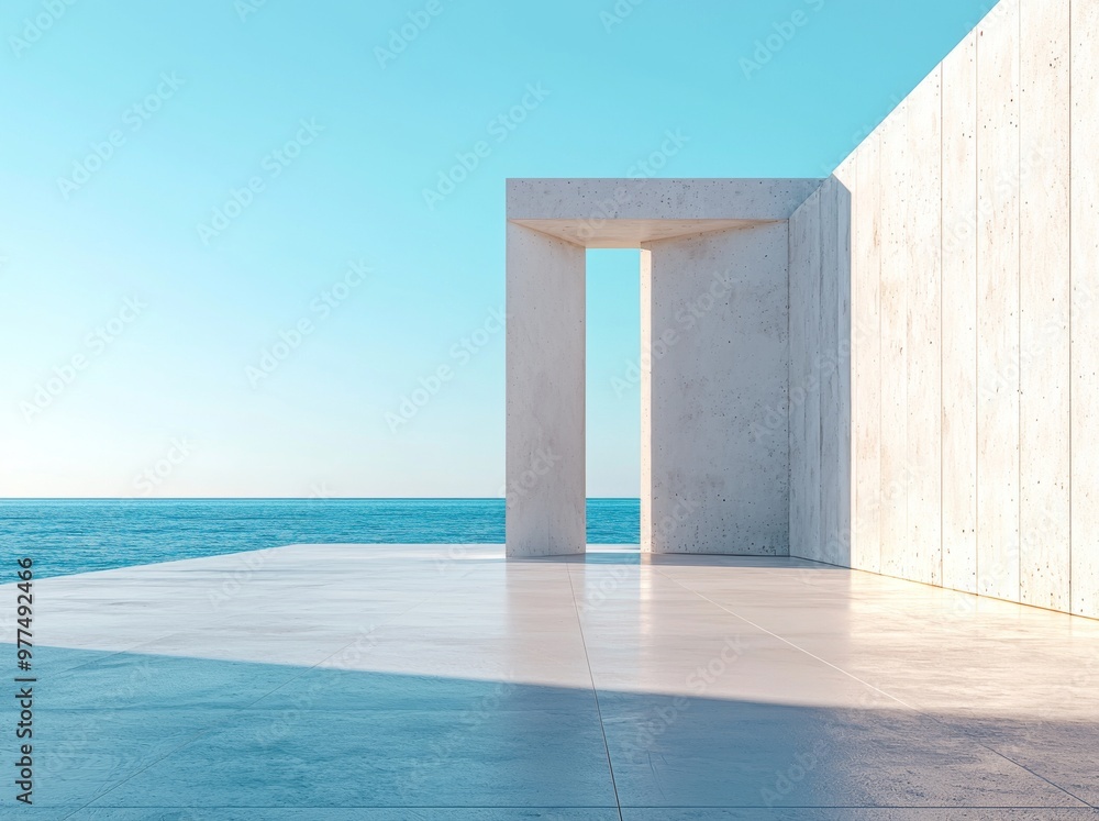 Poster a 3d render of modern architecture with an empty concrete wall and floor, used as a background for a