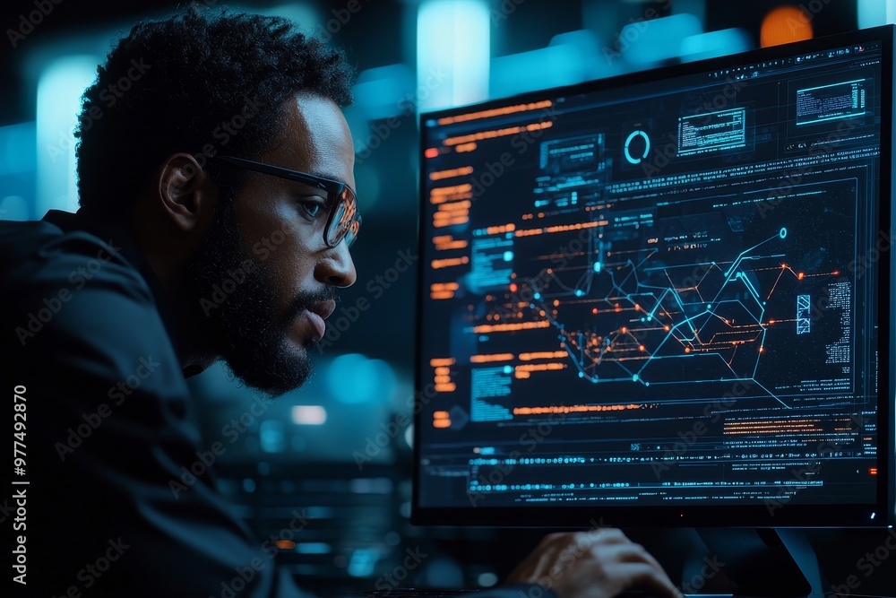 Aufkleber An image of a black software developer working on a computer while in an office with high technology equipment, data systems, and programming