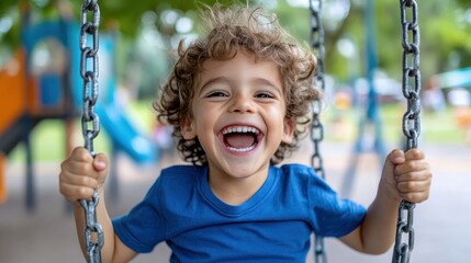 A joyful child with curly hair enjoys a carefree moment on a swing in a sunny park setting, capturing the essence of childhood freedom and happiness outdoors.