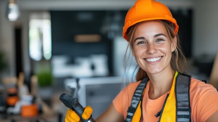 A smiling female construction worker in a hard hat represents empowerment and the growing representation of women in traditionally male-dominated industries indoors.