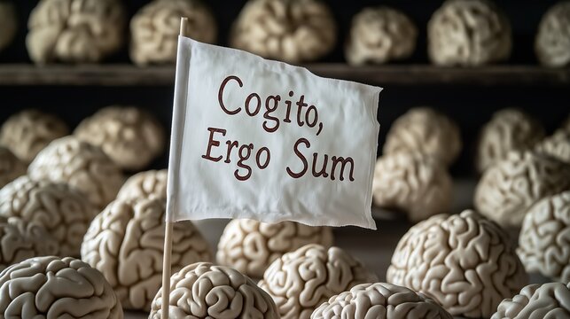 A white flag with the phrase Cogito, Ergo Sum is displayed in front of a collection of human brains