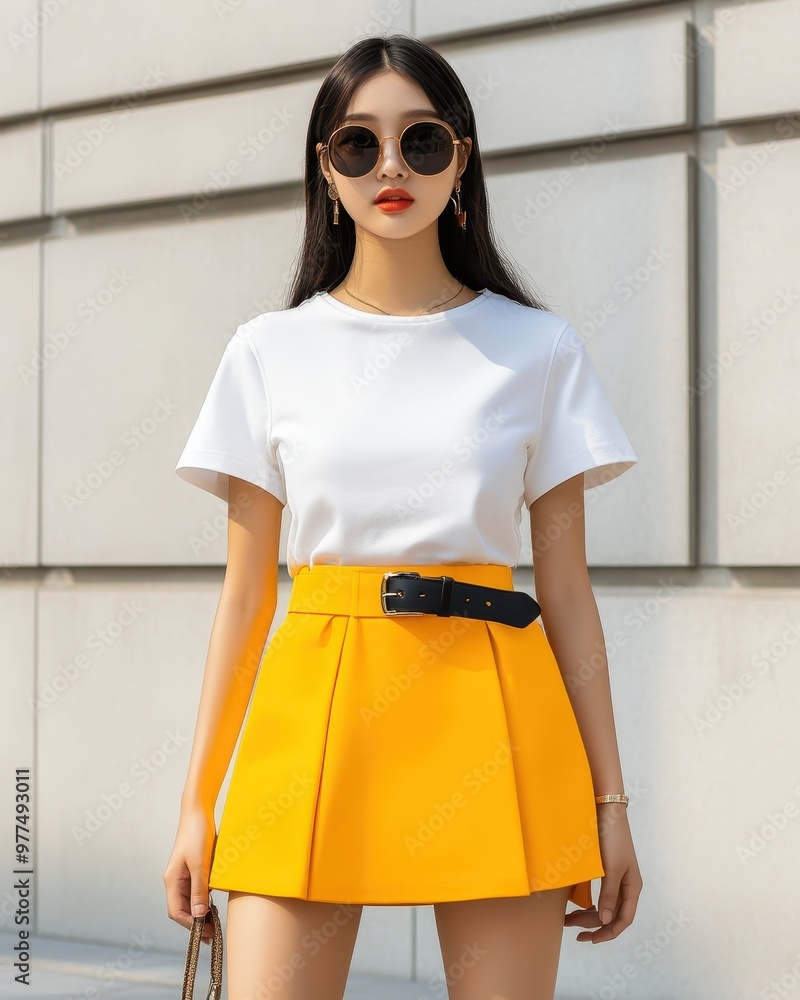 Wall mural stylish young woman in trendy outfit featuring a white top and bright yellow skirt, posing confident