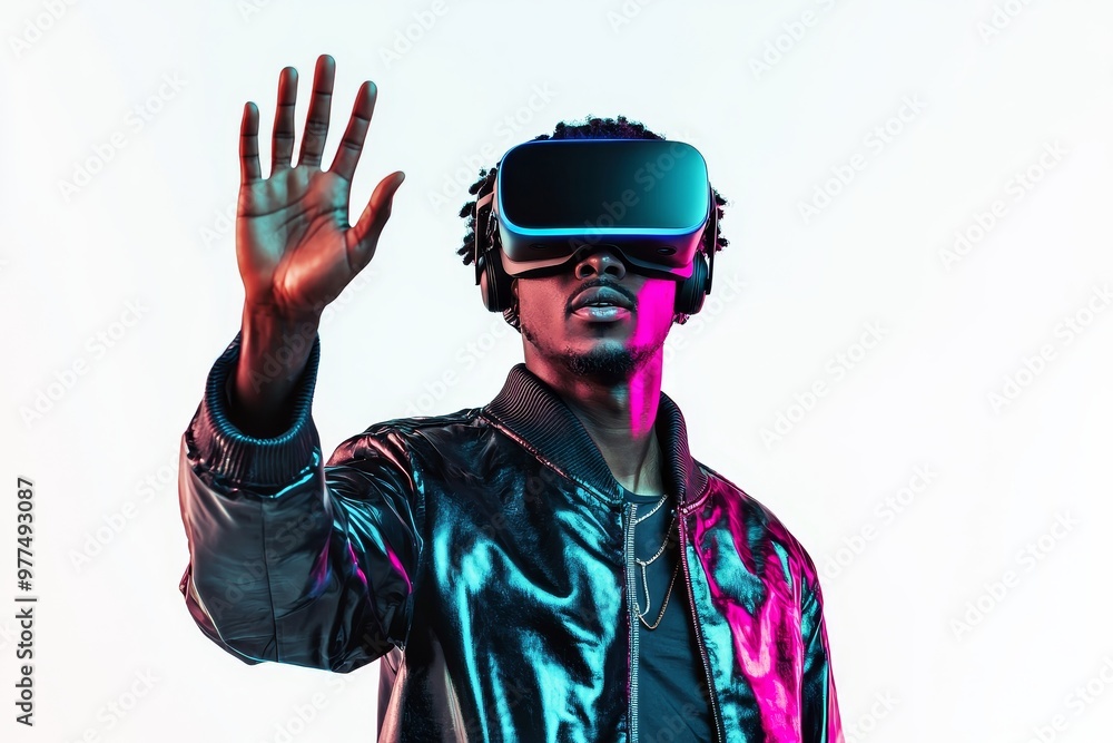 Poster An African man is playing a video game with a virtual reality headset and touching something with his hands in the metaverse