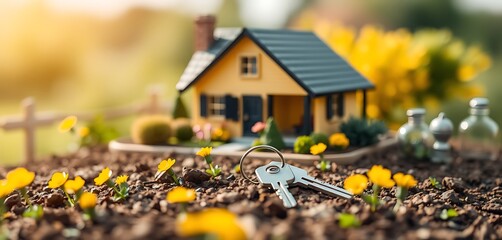 A model house and a key surrounded by blooming flowers symbolize homeownership and new beginnings in a sunny garden setting