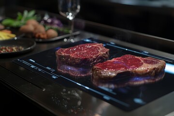 Illustration of a futuristic restaurant with holograms or smart panels for customers