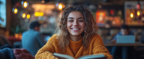 Fototapeta premium Happy Woman Reading in a Cafe