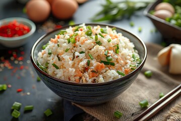Scrambled rice is carefully placed in a bowl, emitting steam, with fresh greens and eggs nearby, ready for a flavorful meal