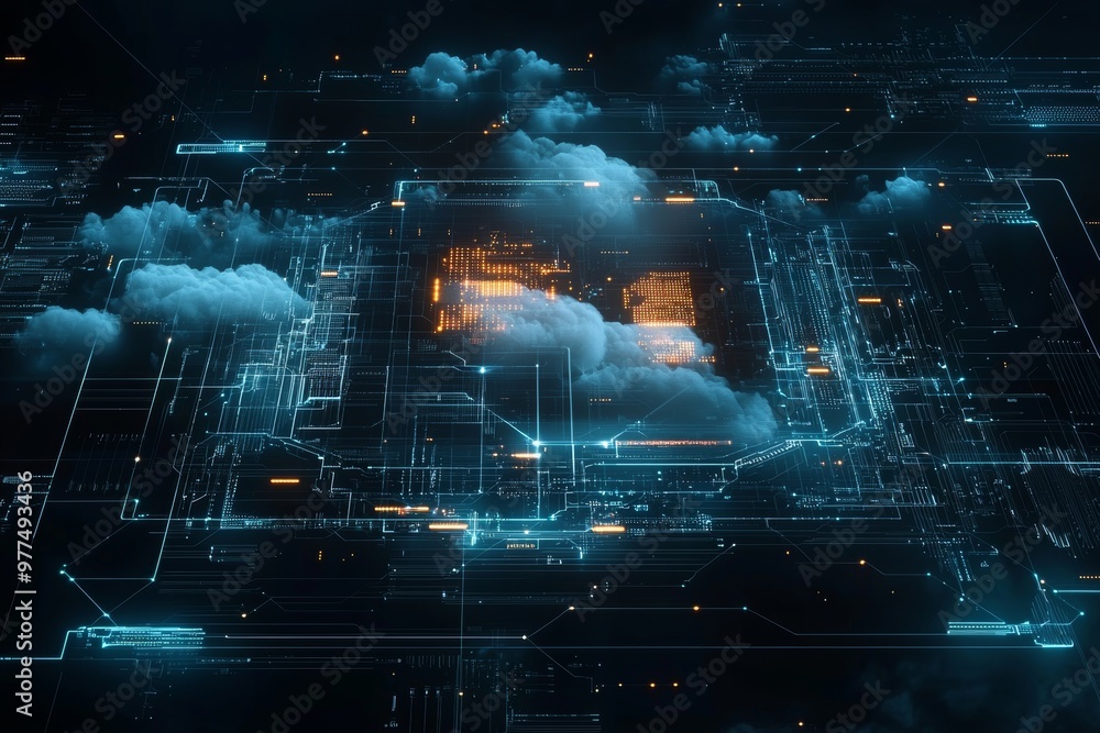 Poster Technology of cloud computing. Futuristic illustration. AI generative process.