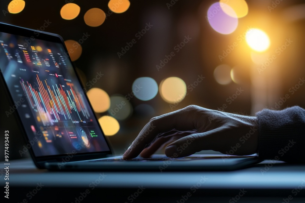 Poster kpi chart showing on laptop icon by hologram virtual screen technology