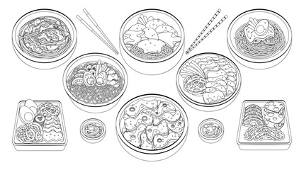 Black And White Illustration Featuring Various Traditional Korean Dishes With Unique Ingredients. Vector Outline Icons