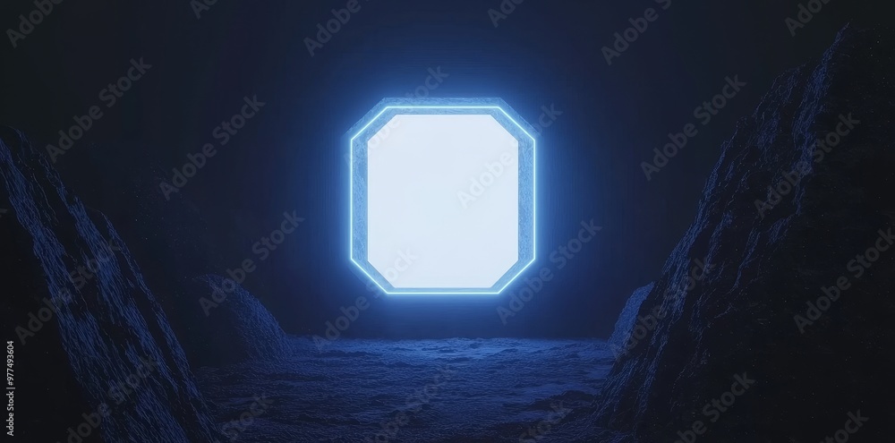 Poster the future of holograms and portals is futuristic. a hexagonal technology capsule with a flashing hu