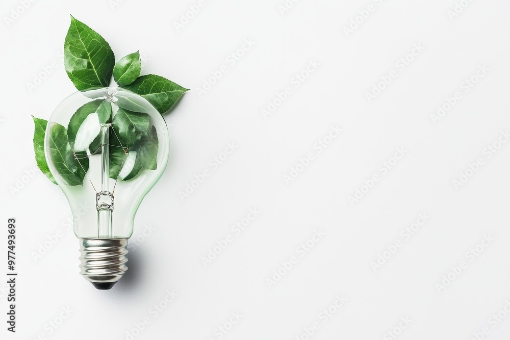 Poster lightbulb made of fresh leaves with a concept of renewable energy and sustainable living, created us