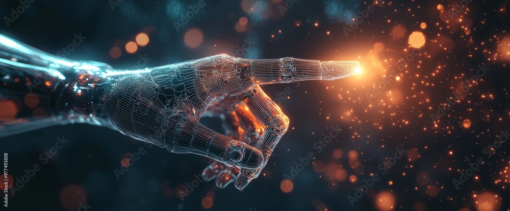 Poster On a dark background, a digital hand hologram is seen on a copy space. The brain is connected with stock. The communication is based on neural networks. Created with Stock.