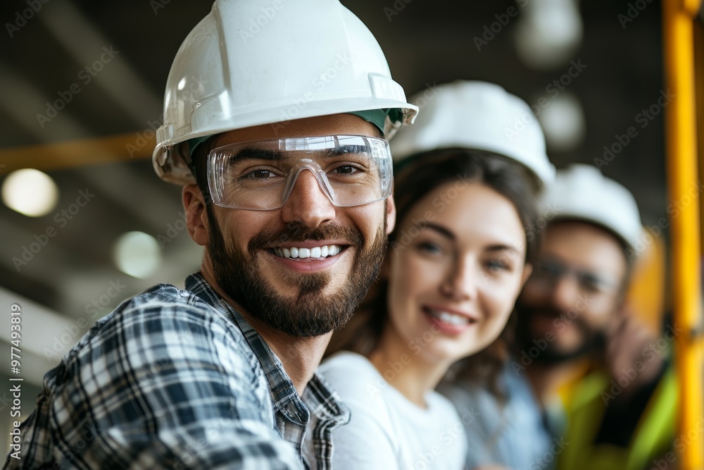Poster mechanic wearing safety helmet working on maintaining and testing factory equipment, a job of engine