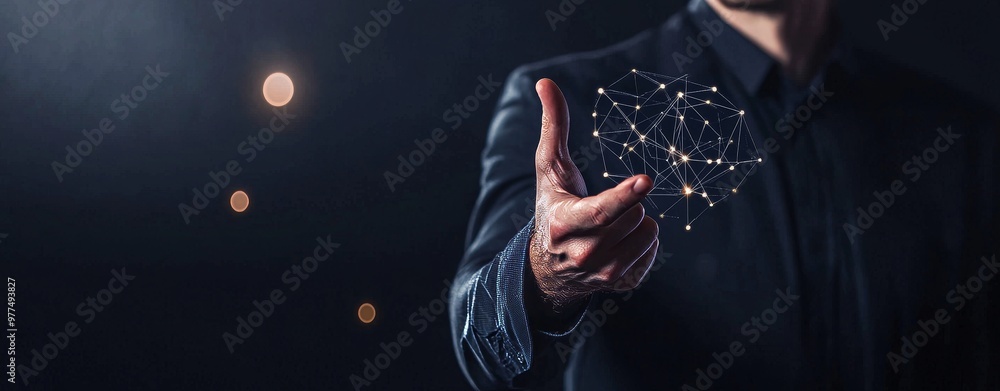 Poster An AI stock, Data Science, and Information Technology concept shows a businessman touching a virtual screen with big data and computer code.