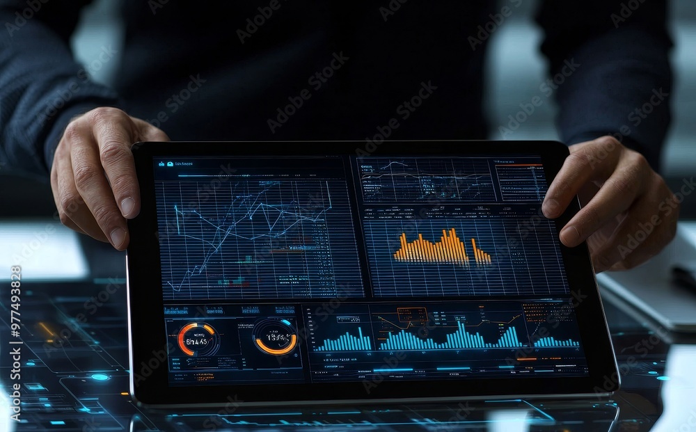 Poster A data analyst uses a computer and dashboard to analyze data, and a Data Management System with KPIs and metrics linked to the database to analyze financial data, sales figures, marketing activities,