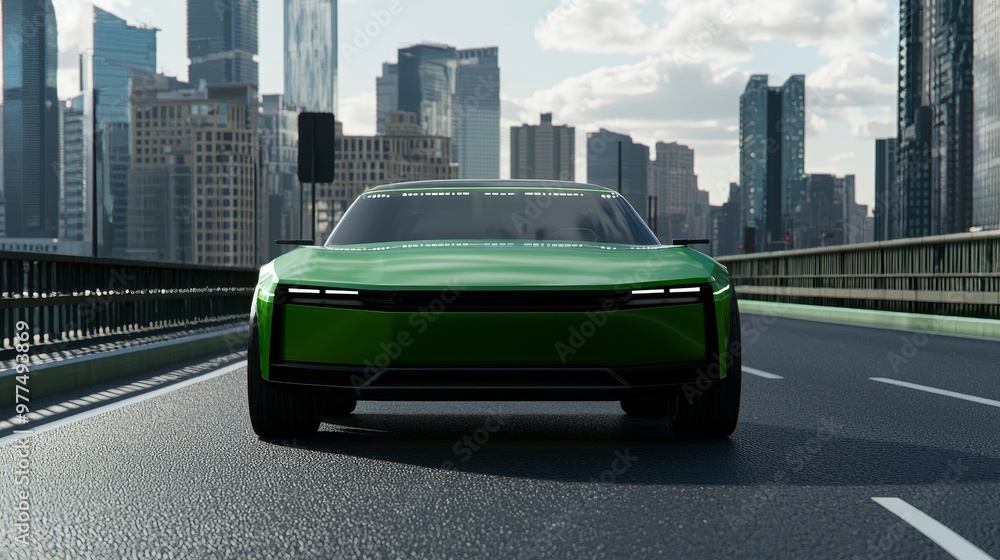 Poster the concept of an autonomous self-driving car moving through the city with a head-up display that sh