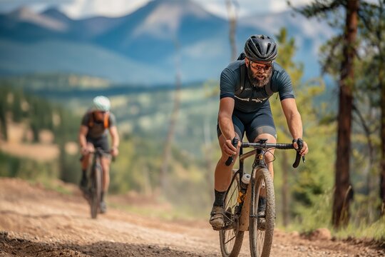 Two cyclists navigate a rugged gravel path among trees and mountains, embodying determination and adventure in daylight.