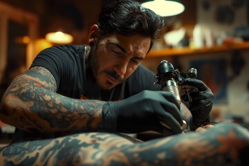 Obraz premium Tattoo artist creating a detailed arm sleeve in a well-lit studio during a focused afternoon session