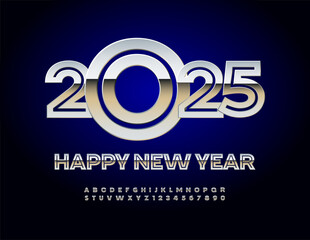 Vector metallic Greeting Card Happy New Year 2025! Unique Silver Font. Chrome Alphabet Letters and Numbers set.