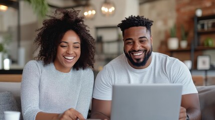 A cheerful couple, with their curly hair, happily uses a laptop while sitting side by side in their cozy modern living room, symbolizing connection and tech-savvy life.