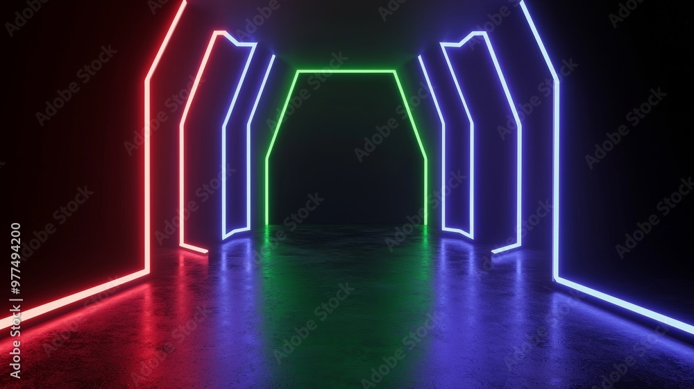 Poster A futuristic abstract UI spaceship window display with HUD, neon lights, virtual interface elements, futuristic frame. Stock photo.