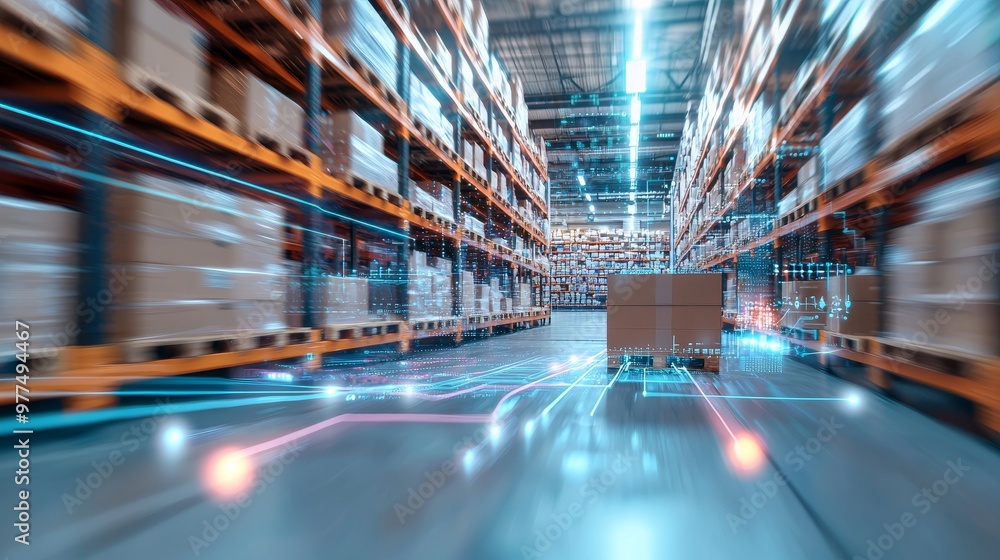 Poster a futuristic tech retail warehouse visualizes and digitalizes industry 4.0 processes analyzing goods