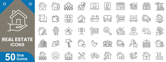 Real estate icons set. House, building, key, for sale, location, rent, agent, investment, property and more. vector illustrator.